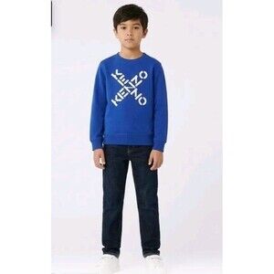 KENZO Kids Blue White Cross Logo Graphic Crewneck Pullover Sweatshirt Sz 12A/152